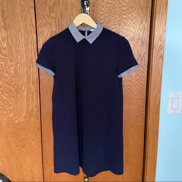 ZARA Poplin Stripped Collar Cuff Detail Short Sleeve Mini Dress Peter Pan Collar - Picture 2 of 4
